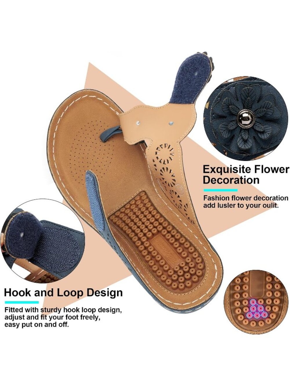 Women's Navy Blue Adjustable Strap Casual Platform Flip Flops Heels Wedge Sandal - Picture 4 of 6